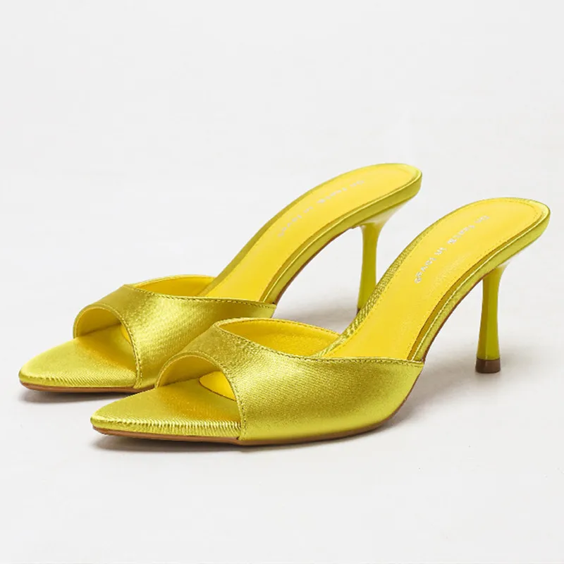 

Sexy Pointed Toe Satin Women Slippers Elegant Thin High-heele Slide Sandals Summer Light Comfortable Women Shoes Heeled Slippers