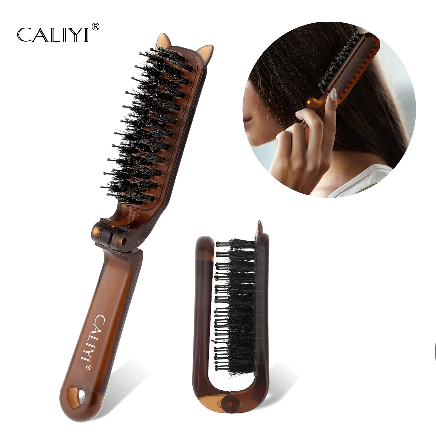 CALIYI 1/2PCS Escova de Cabelo Dobrável Portátil com Cerdas de Javali, Massageador de Couro Cabeludo, Escovas de Viagem, Acessórios para Estilização de Cabelo