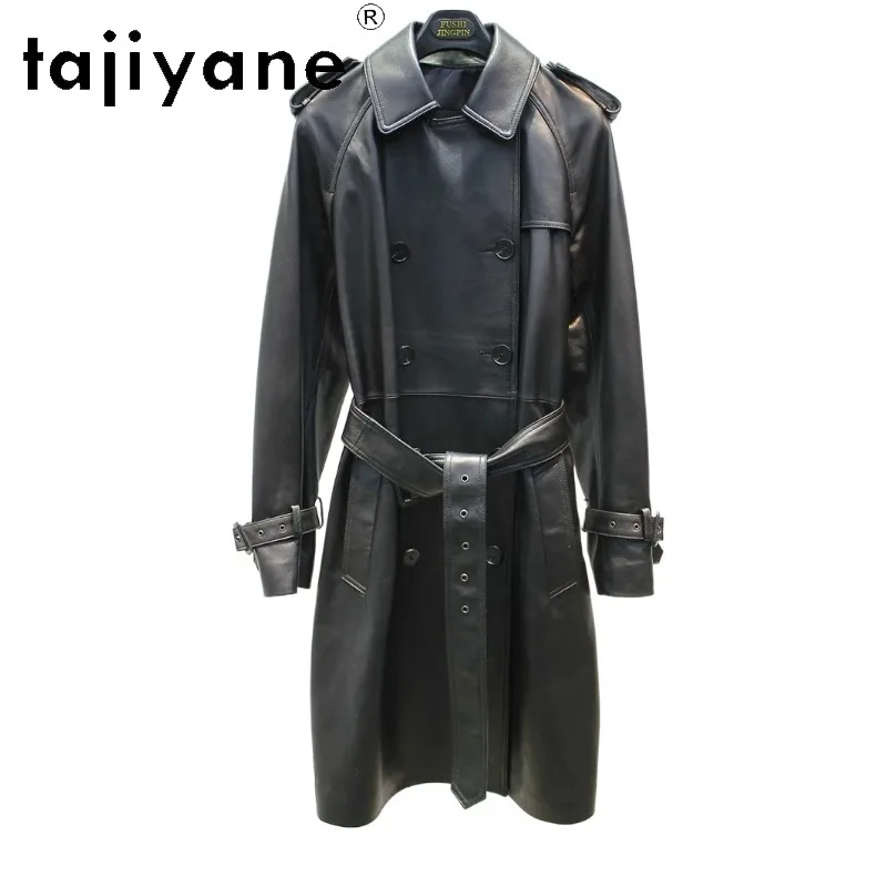 TAJIYANE 100% Sheepskin Genuine Leather Jacket Women Trench Coat Vintage Double Breasted Mid-Length Outerwear Black Jackets 2026