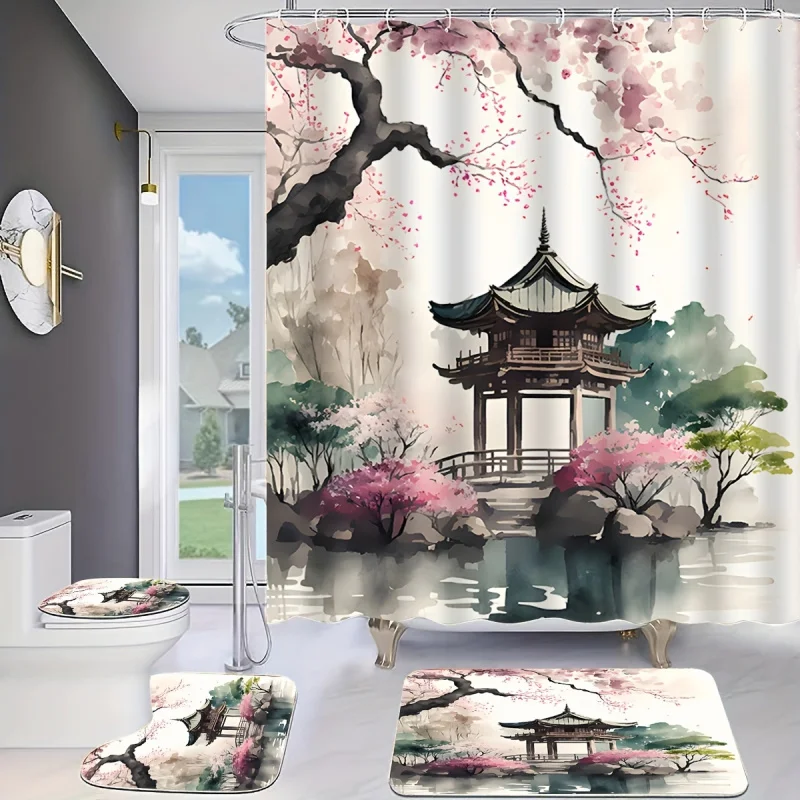 

Elegant Asian Garden Bath Set: Includes 4 Pcs of Decorative Shower Curtain, Non-Slip Bath Mat, Toilet Seat Cover, Bathroom Rug