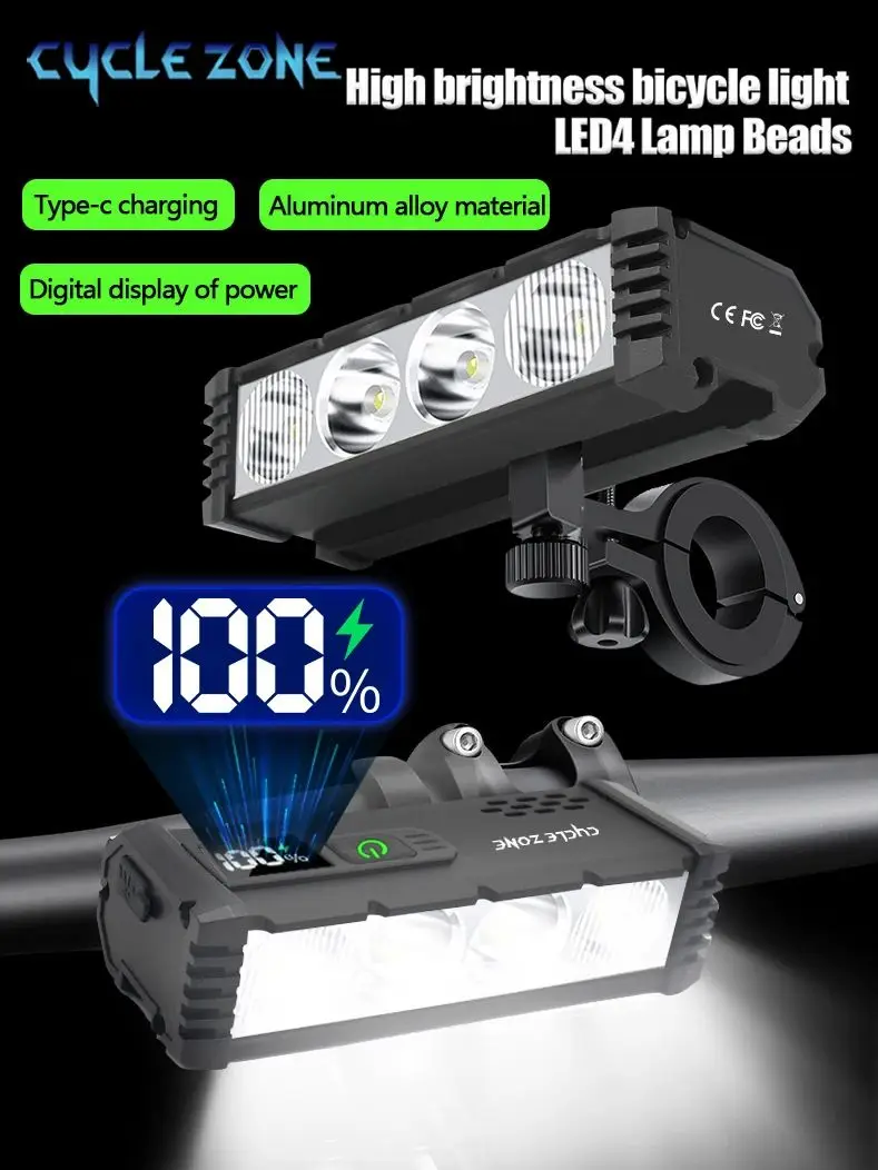 AliExpress cycle zone 4 LED Aluminum Alloy Bicycle Front Light 4 Modes Type-C Bicycle lamp Headlight with Digital Display for MTB Night Riding Safety