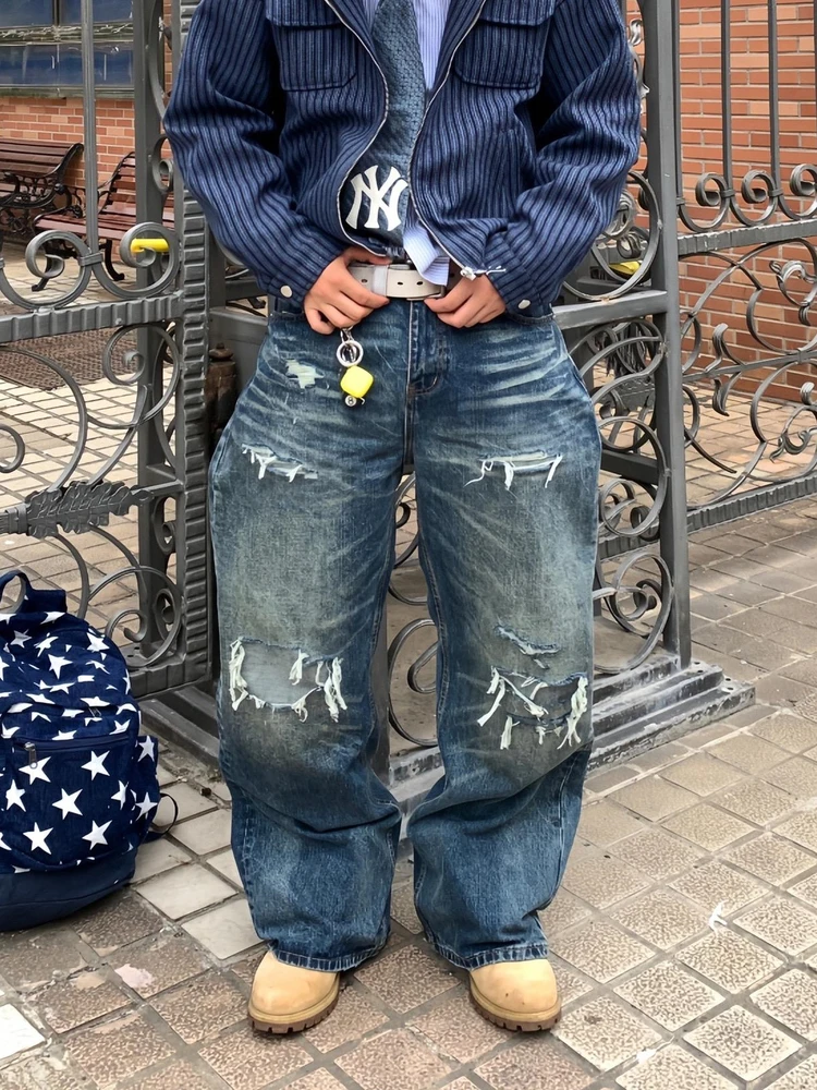 

Retro American Street Sle Men's Jeans Distred Waed Patchwork Fake Hole Straight Loose Long Trousers Casual Youth Faion