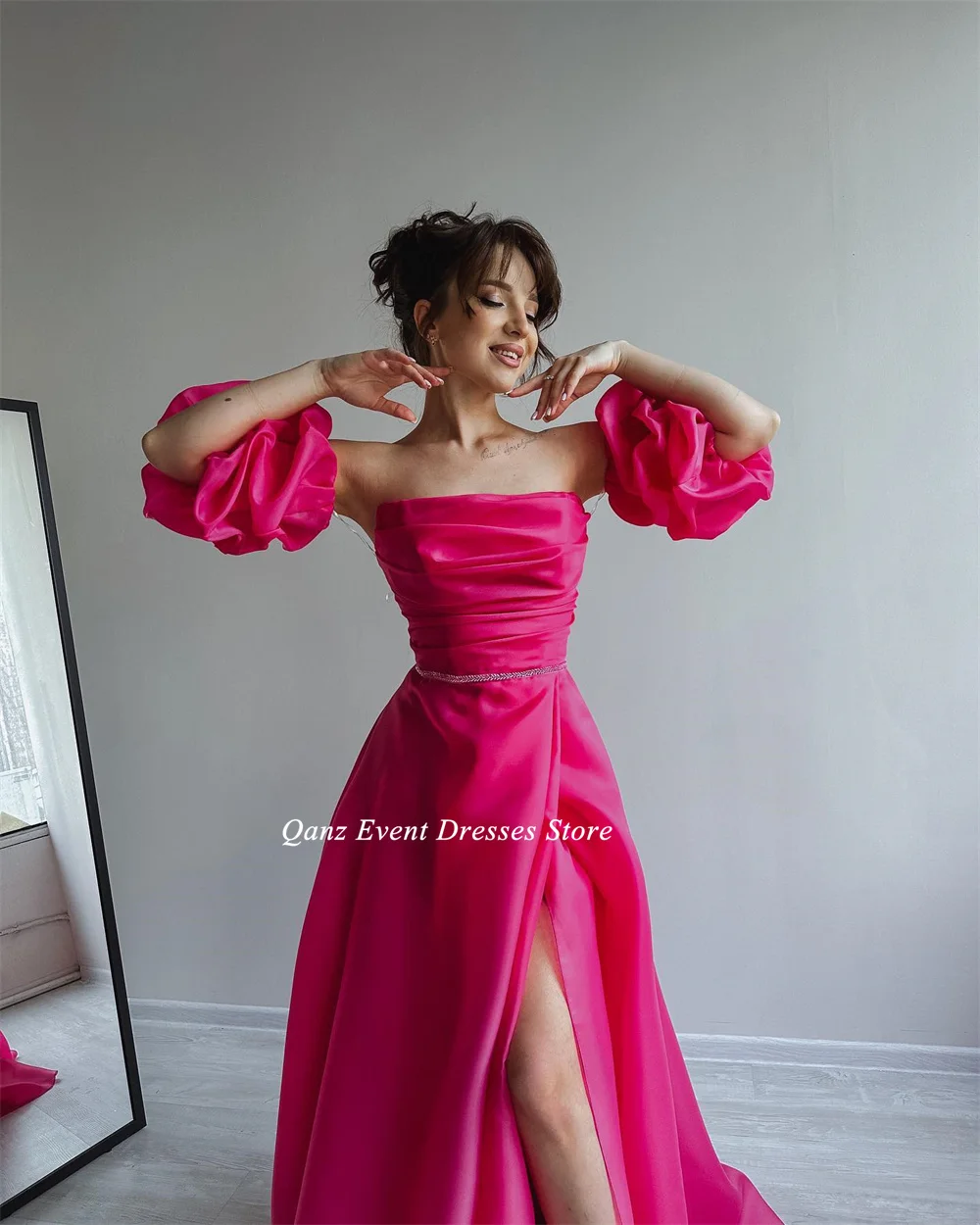 Qanz hot pink organza ballkleider modernes bein schlitz lang eine linie träger lose puff ärmel vestidos para eventos especiales 2023 neu