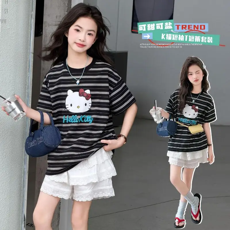 

Sanrios Hello Kittys 2Pcs Summer Cartoon Striped T-Shirt Girls Fashion Printed Short Sleeve Culottes New Style Kawaii Suit Hot
