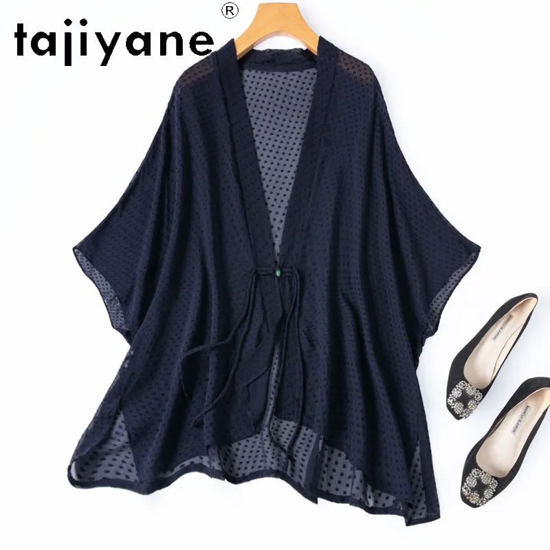 

TAJIYANE 100% mulberry silk Shirt Women Batwing Sleeves Navy Blue Blouse Spring Silk Cardigan Tops Woman Clothes 2026 Camisas
