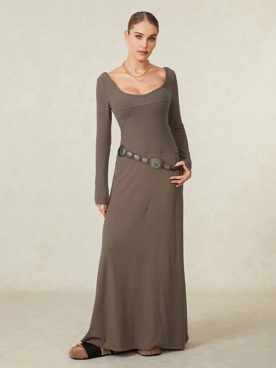 

Women Summer Fall Casual Long Dress Solid Color Square Neck Long Sleeve Slim Fit Knit Dress Fashion Holiday Dress