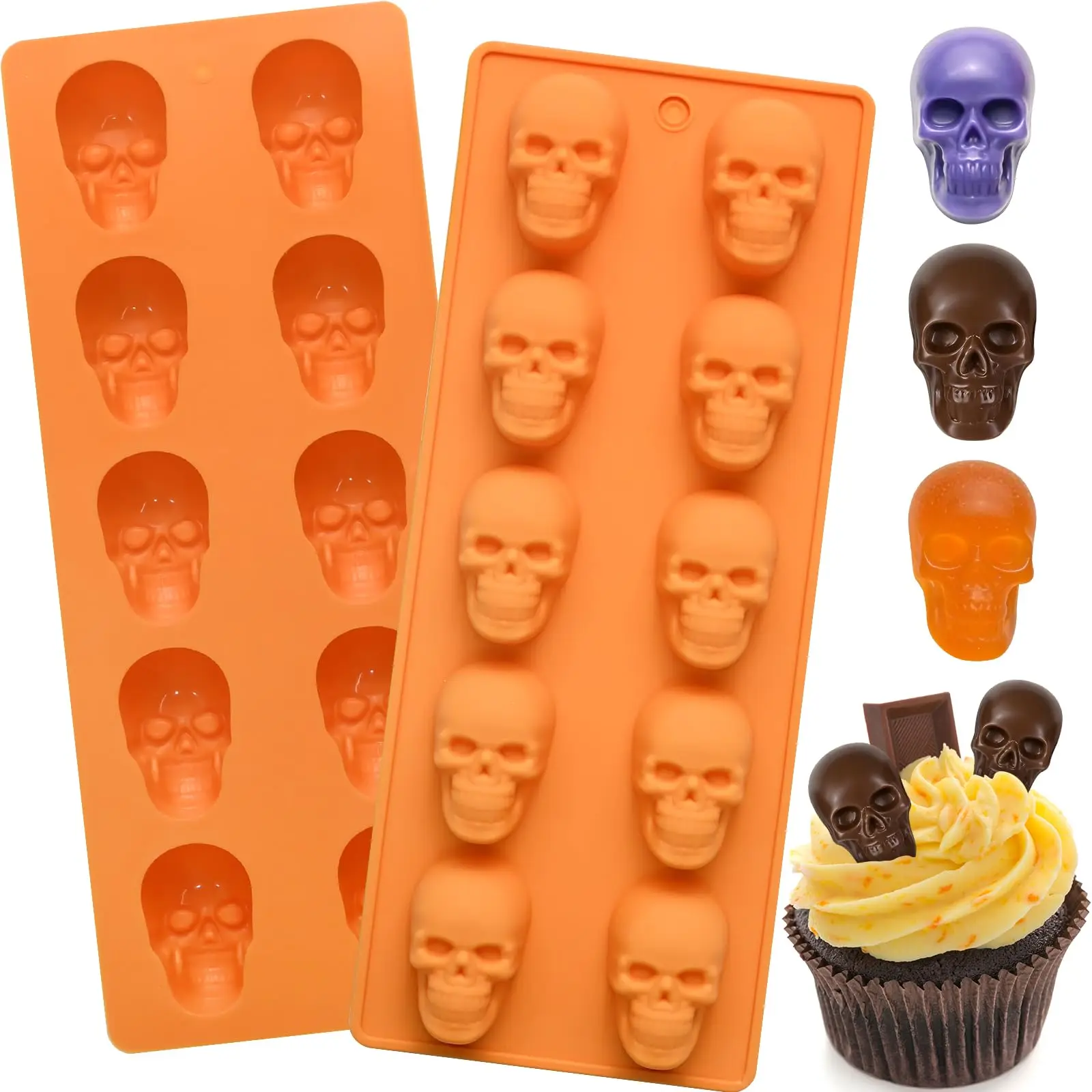 Totenkopf-Schokoladenformen, 2er-Pack Halloween Totenkopf-Süßigkeitenformen mit 20 Vertiefungen |   Antihaft-Silikonform mit Totenkopfmotiv für Gummibärchen, Gelee und Eiswürfel
