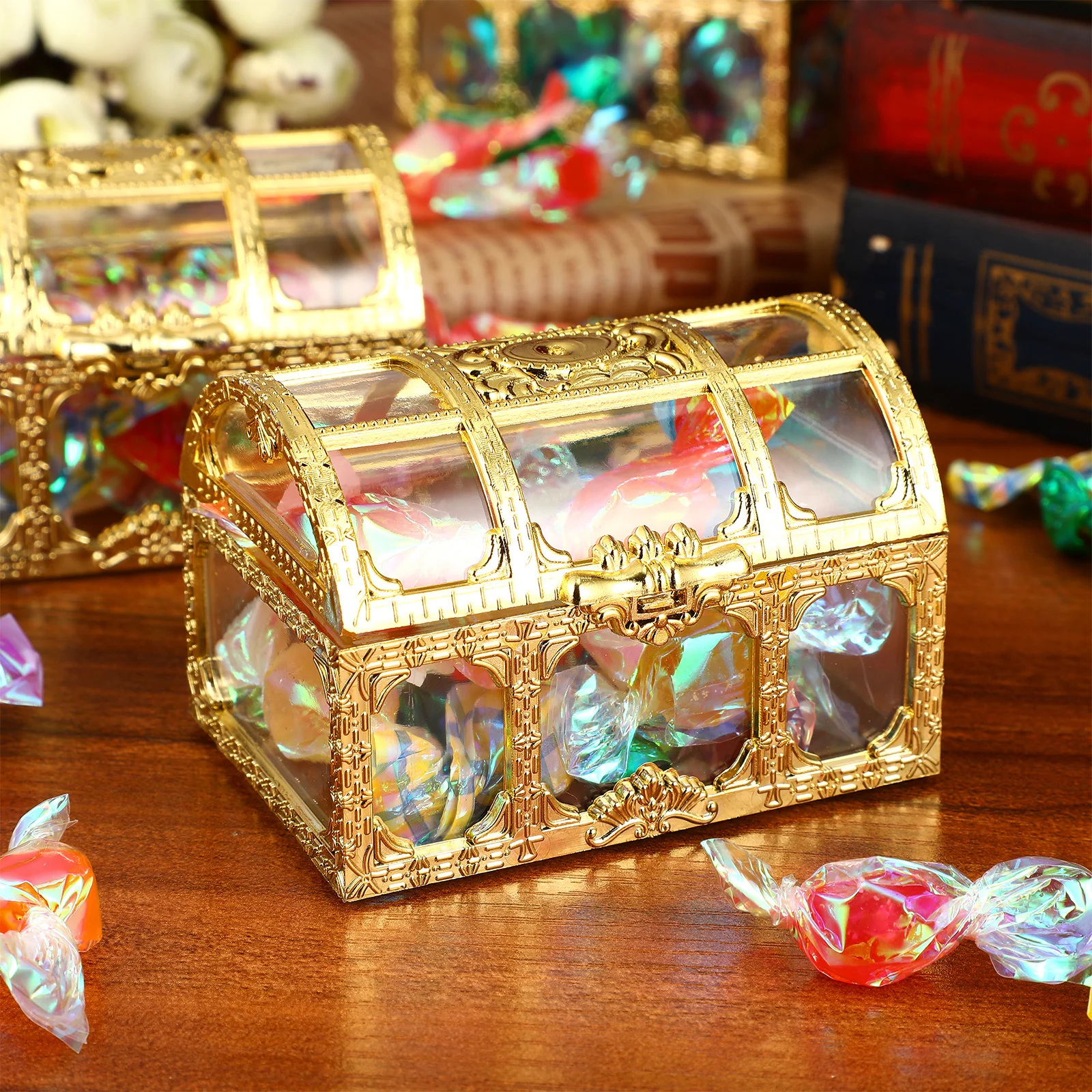 

10pcs Clear Plastic Candy Boxes Treasure Chest Shaped Party Favors Decorative Storage Containers For Wedding Baby Boy