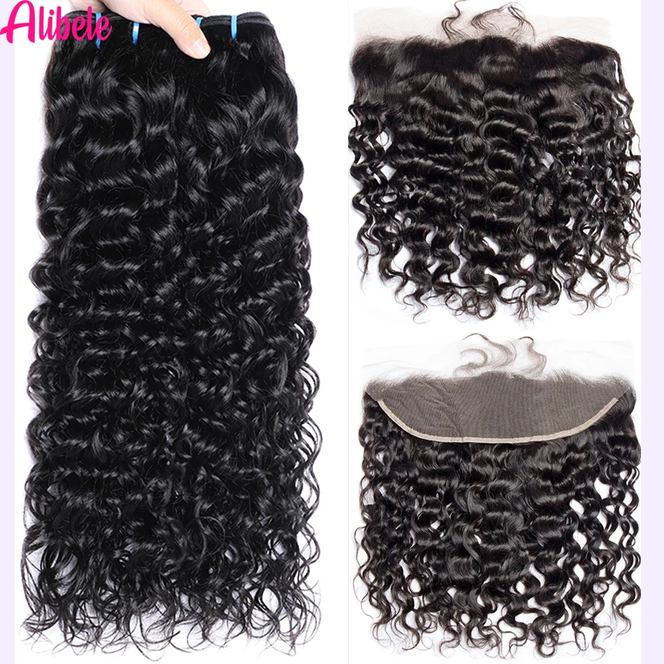 Alibele Water Wave Hair 13x4 Frontal and Bundles Malaysia Hair Bundles With 13x4Transparent Lace Frontal Natural Color Baby Hair