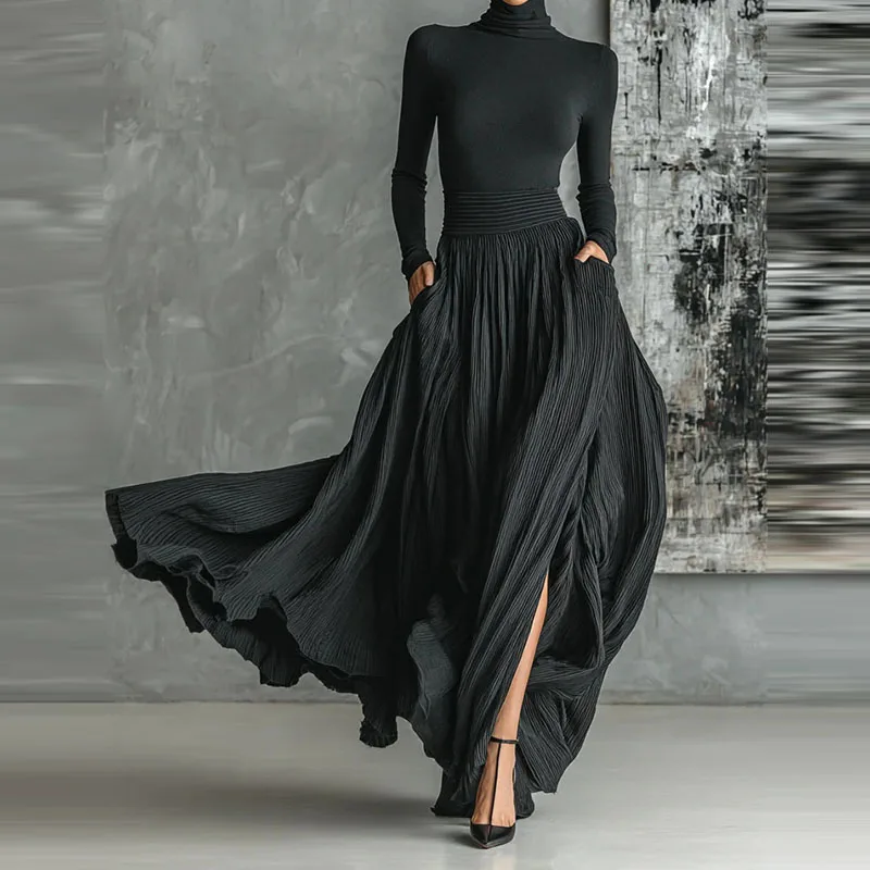 

Women Casual Long Sleeve Pocket Solid Skirt Outfits Fashion Draped Slim 2Pc Suits Elegant Turtleneck Pullover & Long Skirt Set