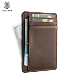 SCHLATUM Vintage Genuine Leather Crazy Horse RFID Slim Minimalist Card Holder Wallet Front Pocket Minimalist Leather Slim Wallet