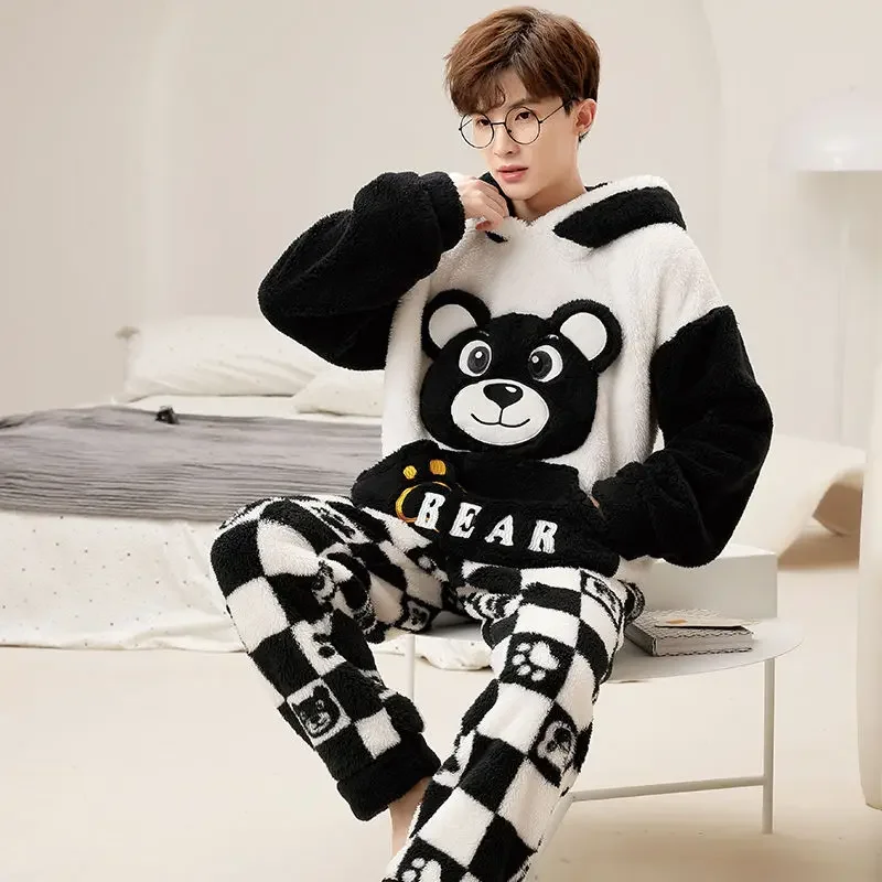 2024 New Warm Pajamas Men's Autumn Winter Coral Velvet Sleepwear Younger Thicken Plus Size Flannel Youth Cartoon Loungewear Set