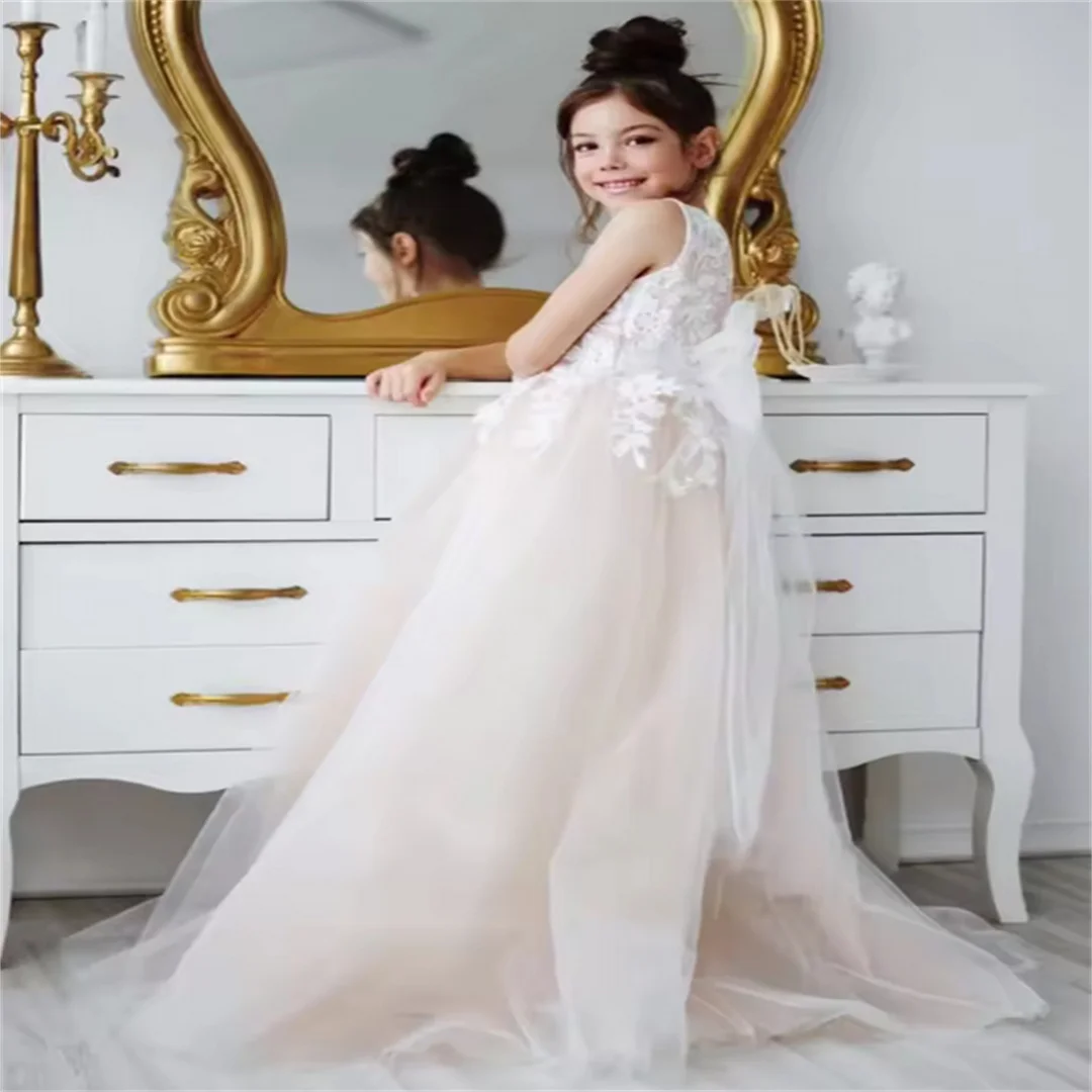 

Платья для девочек-цветочниц Бежевые однотонные многоярусные платья с бантом и короткими рукавами для свадьбы, дня рождения, платья для святого причастия