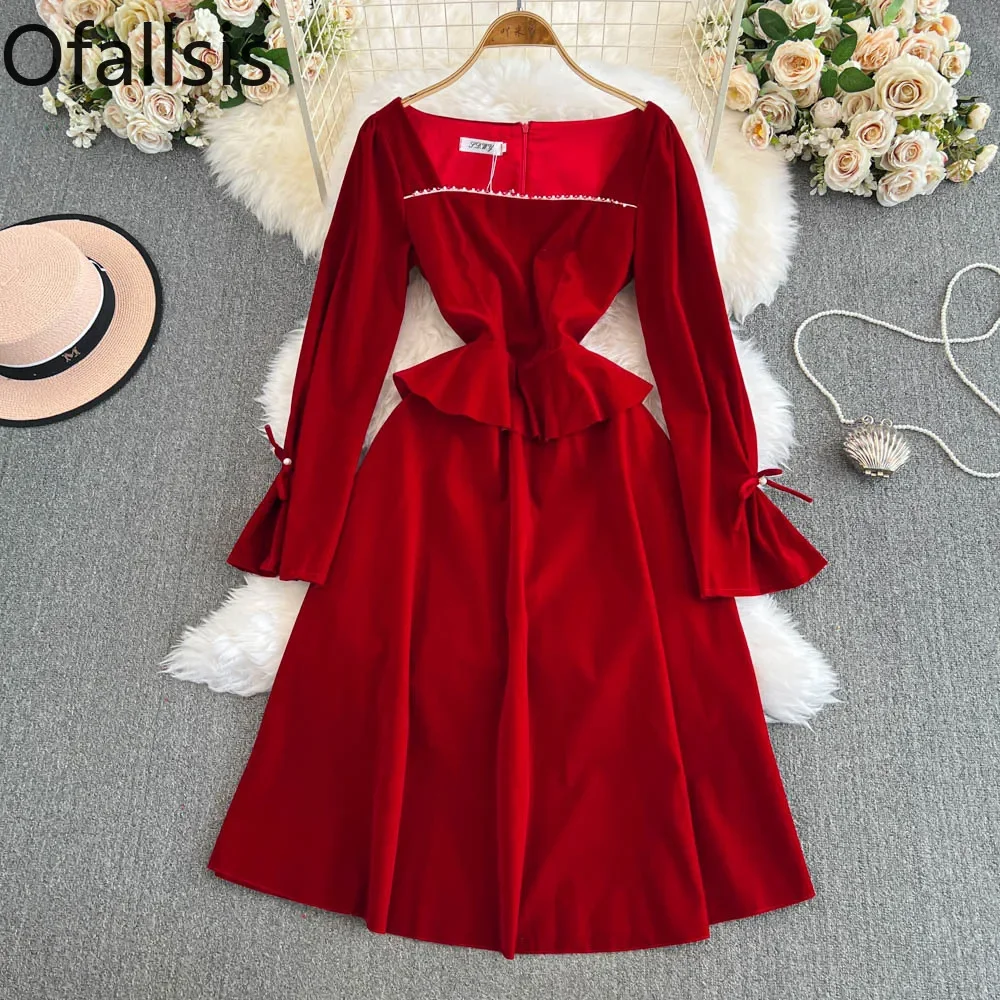 Ofallsis French Style Square Neck Long Sleeved Toast Dress 2024 Autumn Bride Engagement Velvet Wine Red Wedding Evening Dresses