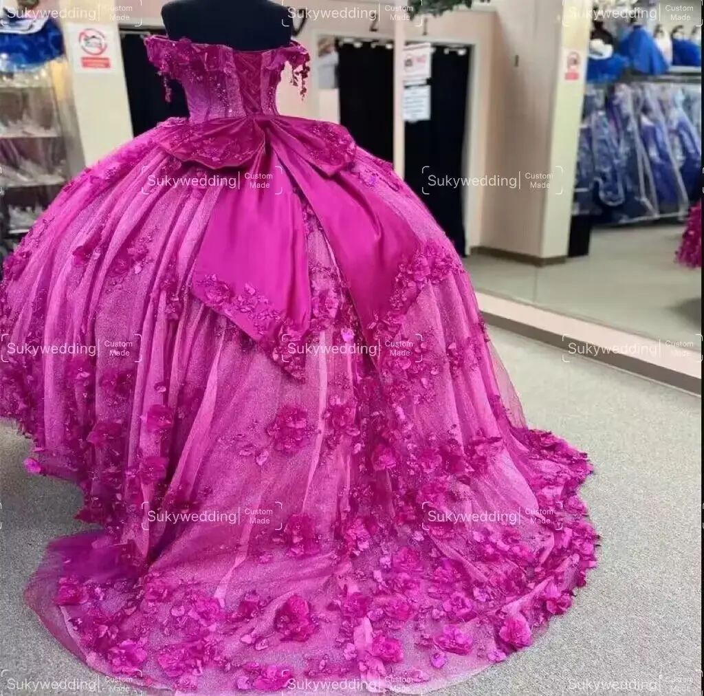 Vestidos princesa Quinceanera, fúcsia, apliques florais 3D, fora do ombro, 16 vestidos doces, espartilho grande com desossagem, 15 anos