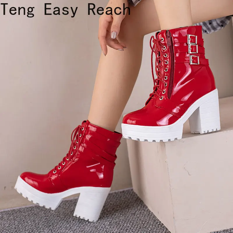 2023 White Black PU Leather Ankle Boots Women Autumn Winter Round Toe Lace Up Shoes Woman Fashion Motorcycle Platform Botas