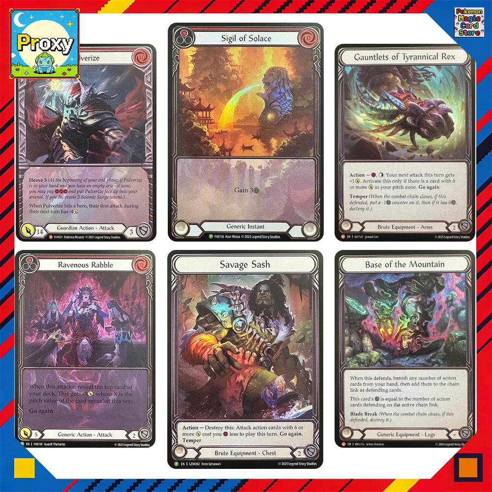 

Карты-прокси Flesh and Blood FOIL TCG: Blacktek Whisperers, Light of Sol, Authority of Ataya, Base of the Mountain, Blaze, Headlong (игрушка)