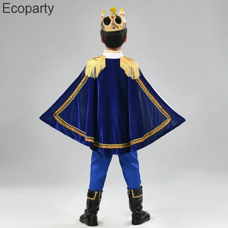 7pcs Set Kids Prince Costume Children Deluxe Medieval King Jacket With Cape Pants Crown Mace Suit Boys Halloween Party Costumes