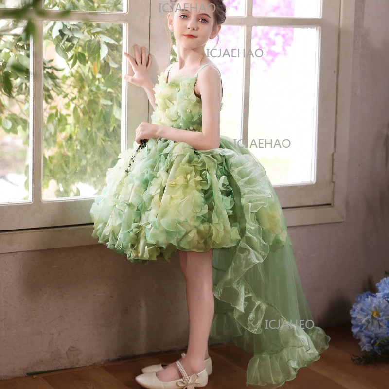 Children Girls New Green Princess Dress Costume Kids Birthday Party Fashion Formal Host Piano Performance Pageant Gown Outfit