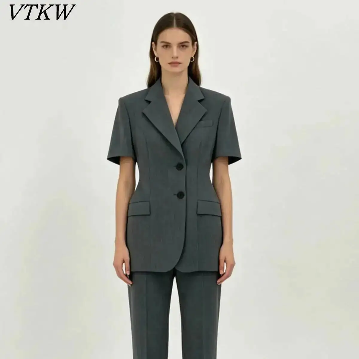 

VTKW 2026 New Women Short Sleeve Blazer Notched Lapel Single Breasted Slim Fit Elegant Office Casual Workwear Formal Jacket