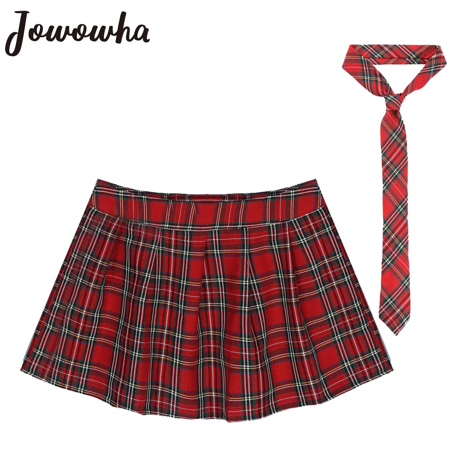 

Womens Zipper Plaid Pleated Mini Skirt with Necktie Japanese Schoolgirls Role Play Uniform Sexy Fancy Dress Ball Cosplay Costume