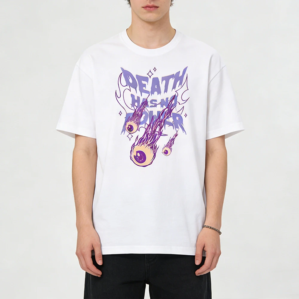 

Unisex Summer Casual Classic Fit Cotton Short Sleeve Tee Shirt “DEATH HAS NO POWER” Fireball Eye Print Versatile Crew Neck Top