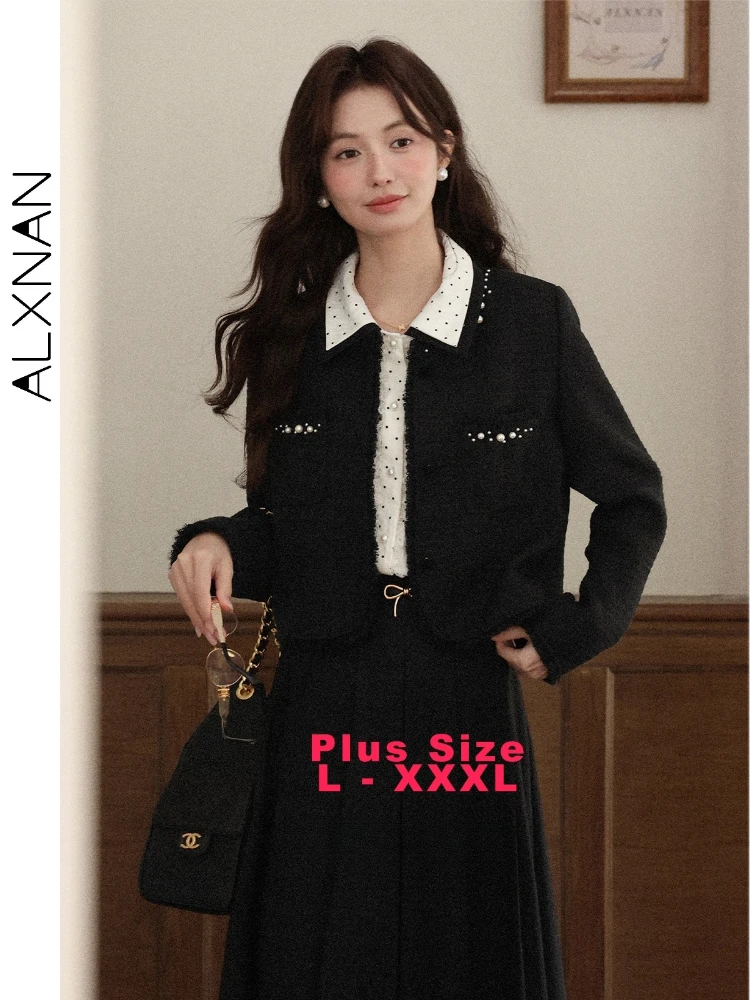 

ALXNAN Plus Size Women's Short Jacket Structured Shoulder Round Neck Fringe Trim 2025 New Early Autumn Slimming Top Coats D12922
