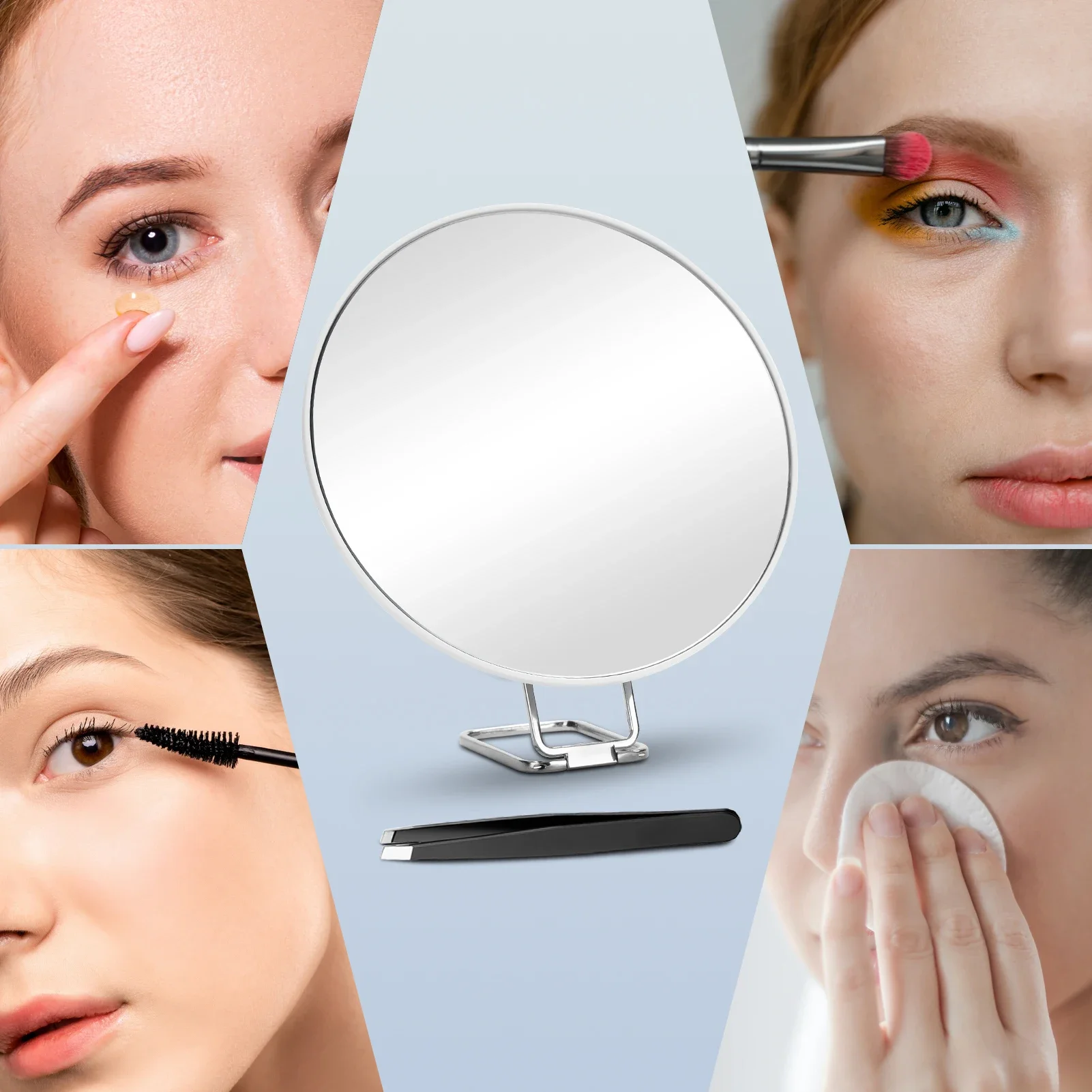 

Magnifying Mirror, 6inch Large Makeup Mirror with 30-10X Magnification, 3 Suction Cups and 360° Adjustable Stand , Tweezers Kit