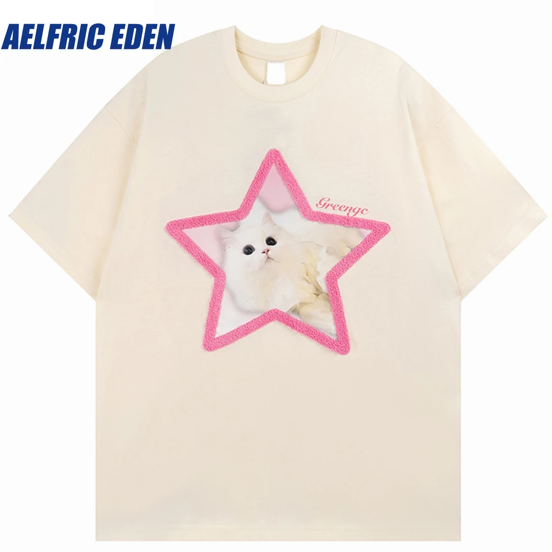 

Aelfric Eden Star White Cat Graphic T-Shirt 2023 Men Streetwear Tshirt Cotton Harajuku Casual T Shirt Summer Hip Hop Tops Tees