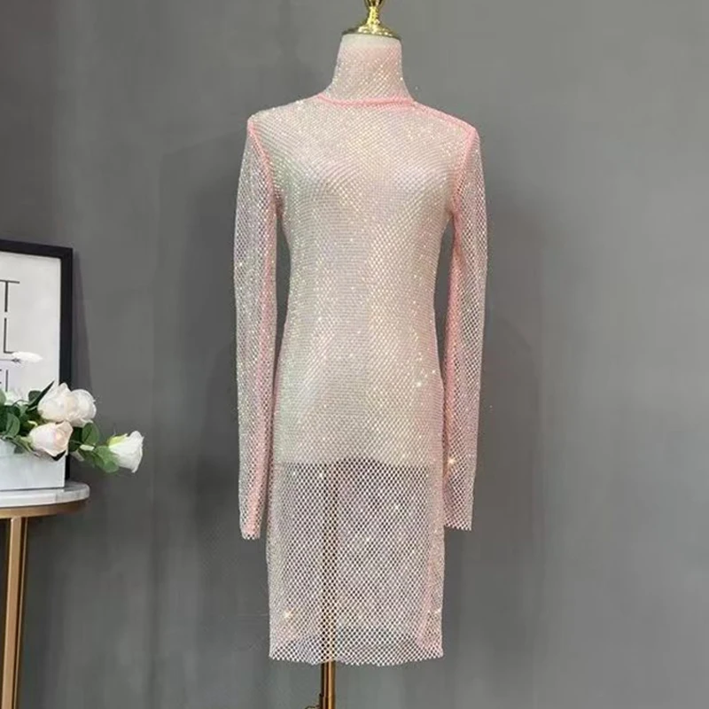 Damen Glänzendes Strass-Mesh-Midikleid mit Rollkragen, Langen Ärmeln, Durchsichtiges Bodycon-Kleid, Sexy Schlankes Party-Nachtclub-Abendkleid – Detail 6