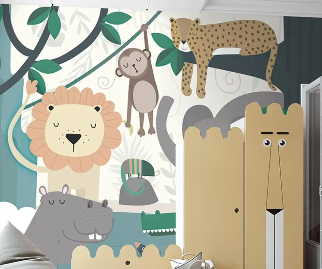 Cartoon forest animal 3d wallpaper children's room hand-painted doodle bedside background wall mural papel de parede