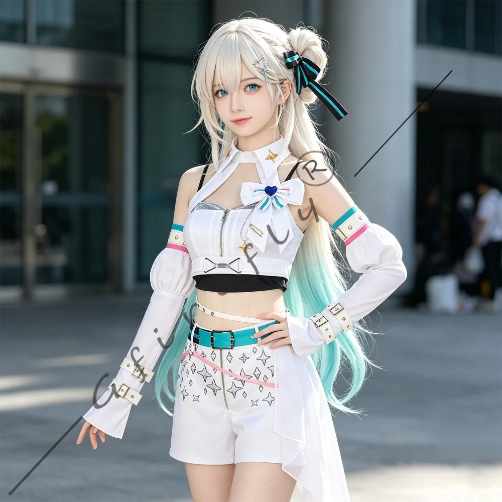 Wuthering Waves Solar5 Lynae Cosplay White Mini Dress Full Set with Bow Accessories Wig Adult Women Halloween Comic Con Costume view 4