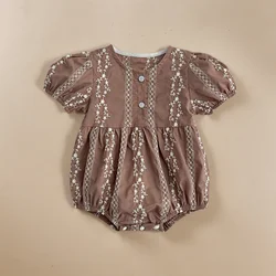 Summer Toddler Girls Bodysuits Girls Baby Pearl Button Embroidered Princess Jumpsuit Short Sleeved Thin Style Newborn Clothes