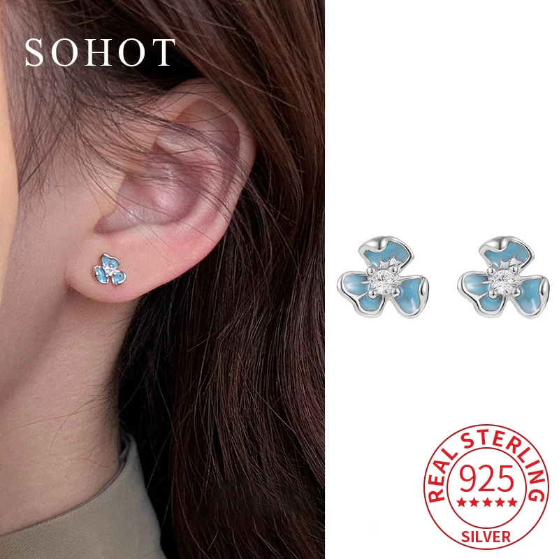 

Real 925 Sterling Silver Zircon Flower Mini Stud Earrings for Charm Women Cute Fine Jewelry Light Luxury Summer Accessories