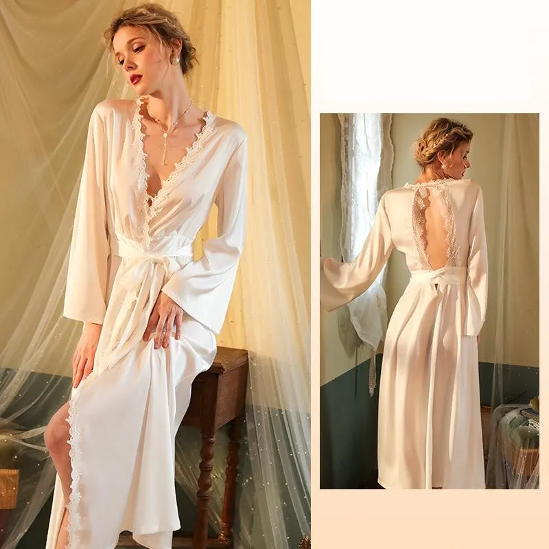 Bride Wedding Kimono Bathrobe Women Lace V-Neck Robe Gown Spring Loungewear Casual Satin Sleepwear Nightgown Home Clothes