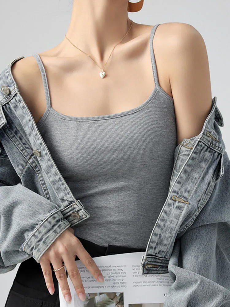 

Women's Summer Basic Sleeveless Tank Top Spaghetti Strap Slim Fit Stretch Knitted Solid Color Camisole