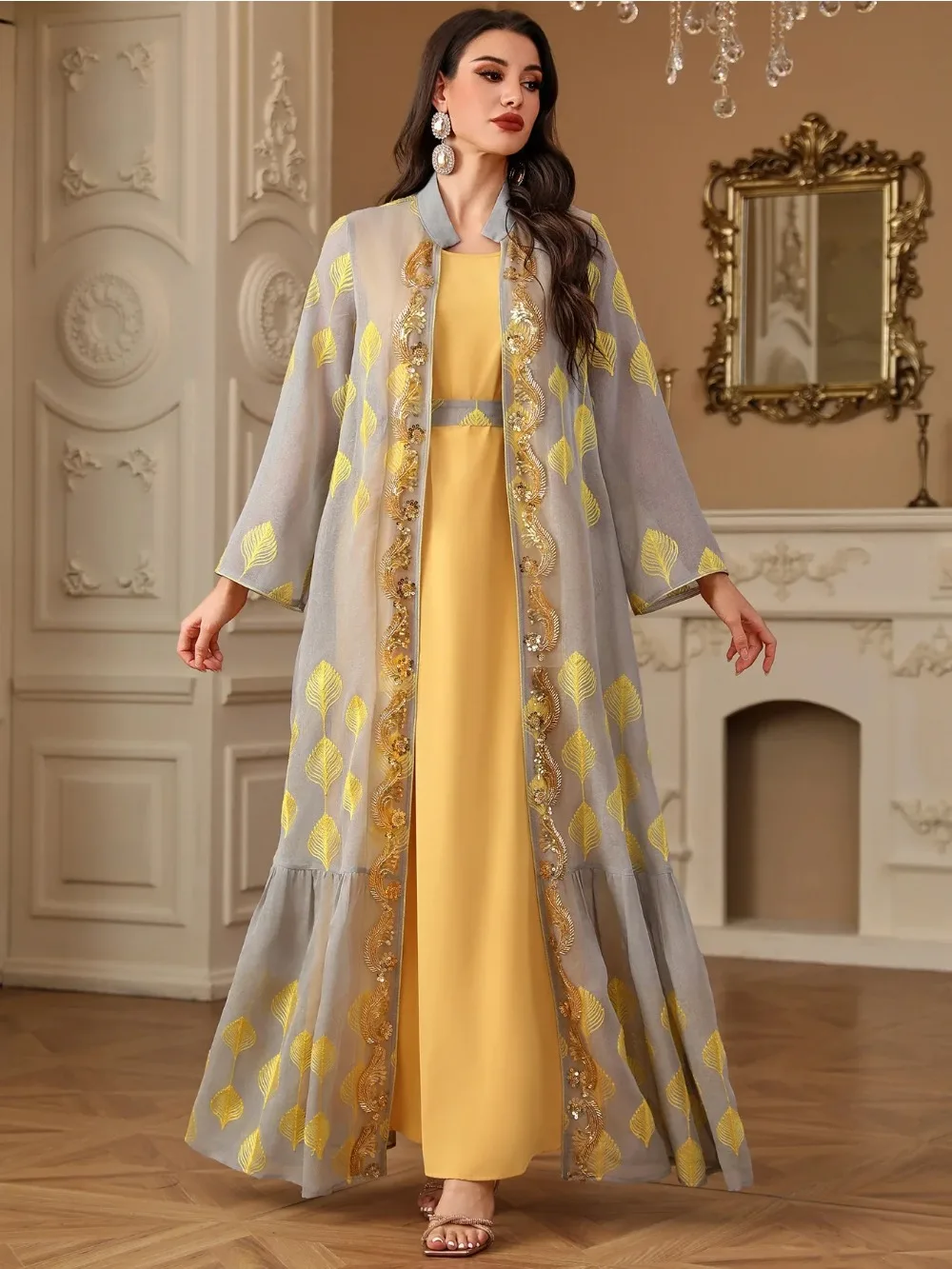 

Женская мусульманская абайя с принтом, комплект из 2 предметов, мороканский Рамадан с поясом, искусственный ислам, кардиган, Дубайский арабский длинный халат, 2024