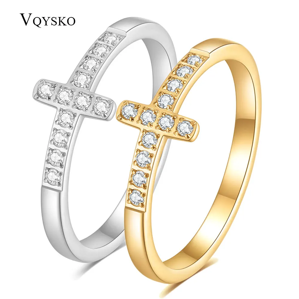 Fashion 316L Stainless steel Channel CZ Zircon Cross Ring With Bright Elegant Crystal Engagement Rings for Women Grils Jewelry