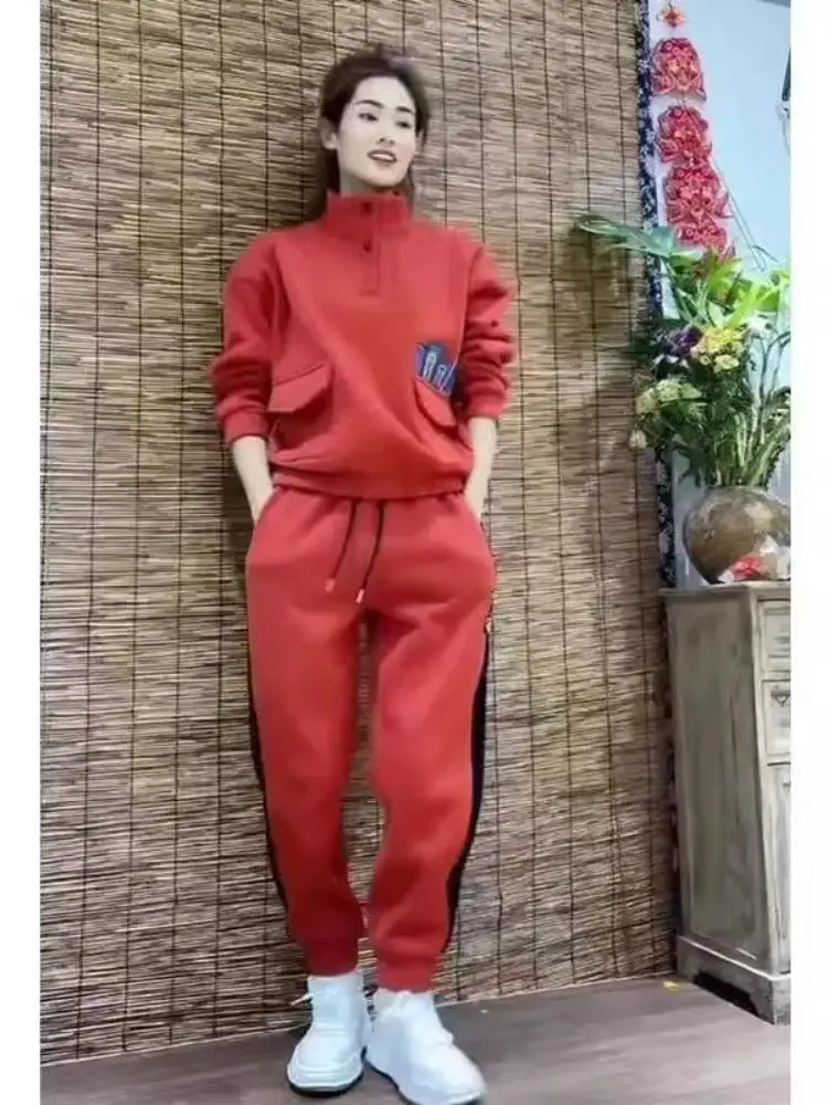 بدلة رياضية شتوية من Thiened Fce للسيدات غير رسمية للترفيه طويلة بقلنسوة مكونة من قطعتين مقاس كبير بياقة واقفة برمز كبير