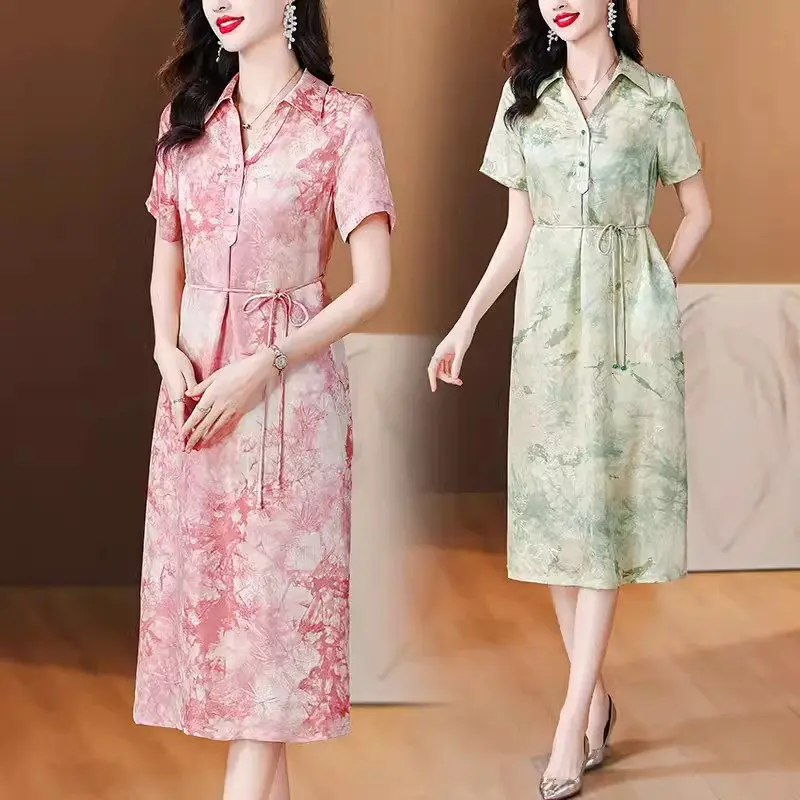 

Short Sleeve 2024 Summer New Middle Aged Women's Design Fashion Retro Printed And Dyed Dress Large Size Loose Shirt Dress K1224