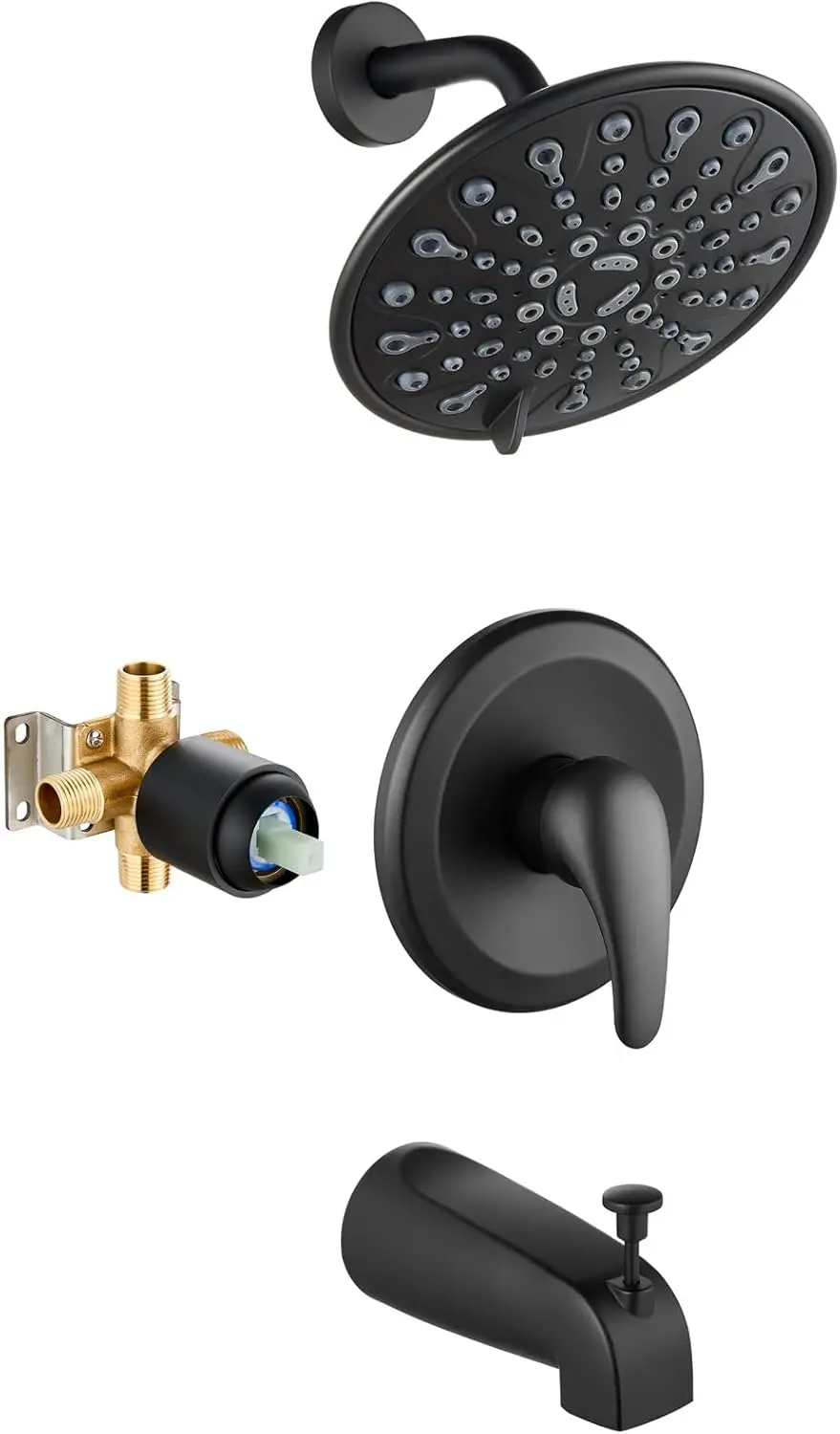 

6-Mode Tub Shower Faucet Set with Valve, 6" Rain Shower Head, Metal Tub Spout, Matte Black, High Pressure