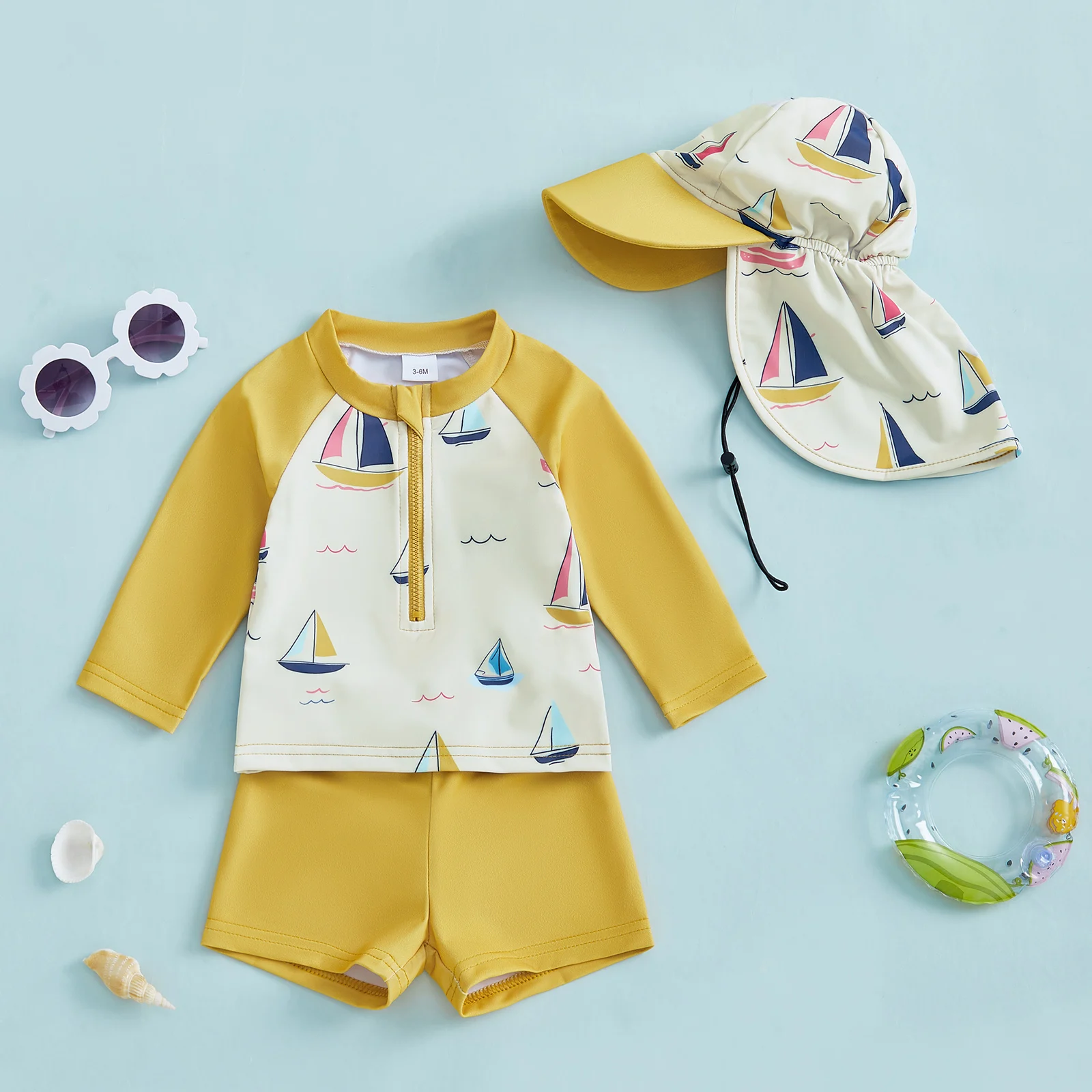 

0-6Y Boys Rash Guard Swimsuit Set Sailboat Print Long Sleeve Zipper Tops with Solid Shorts and Swim Hat 3 Pcs Outfits