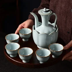 Chinese liquor glass set household spirit glass wine set ceramic jug Qingru kiln wine glass warm jug