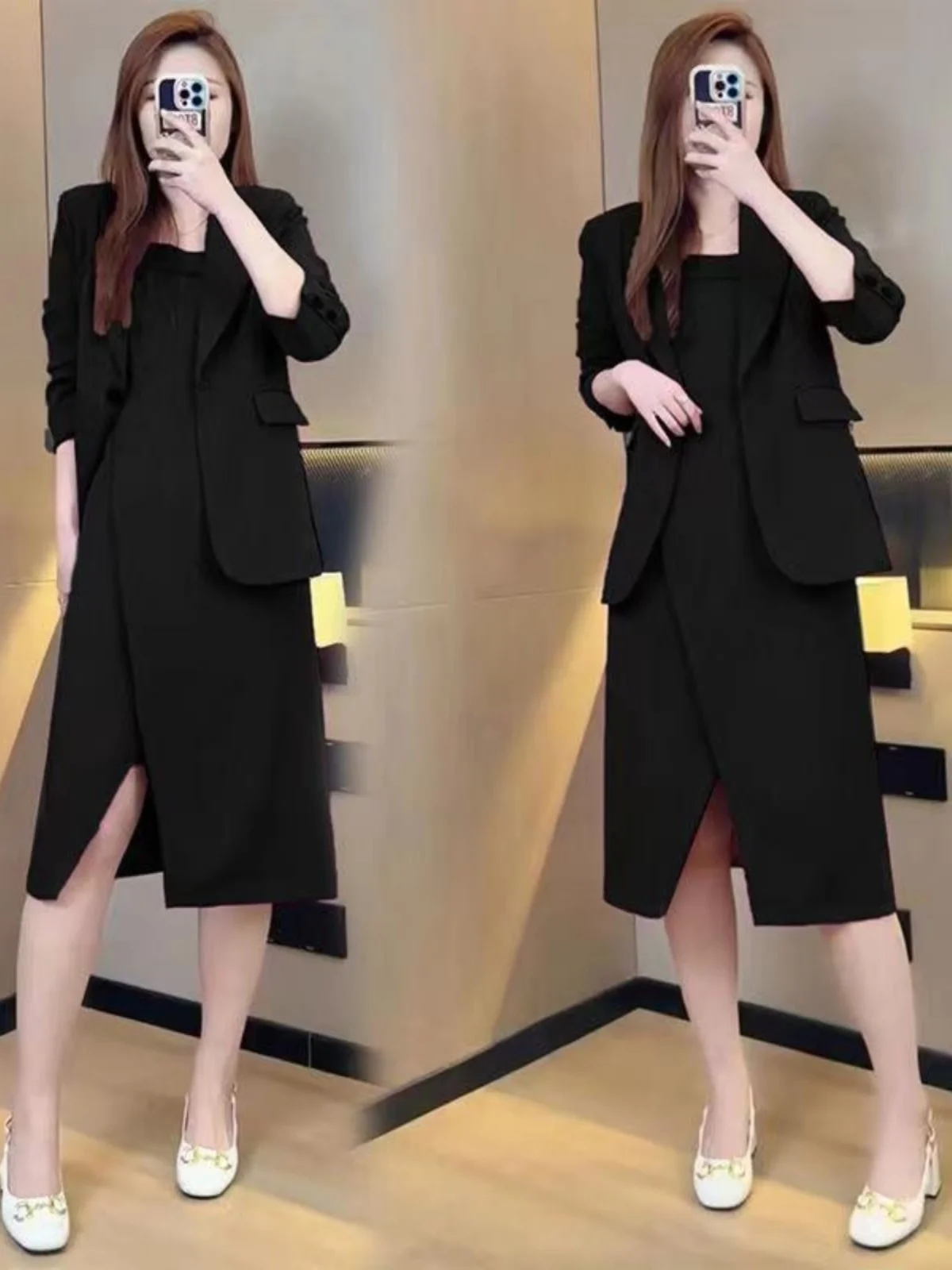 

plus Size Women's Spring New Thin Suit Jaet And ter Dr Meat Concealing Slimming Two-Piece Set Korean Sle Commute