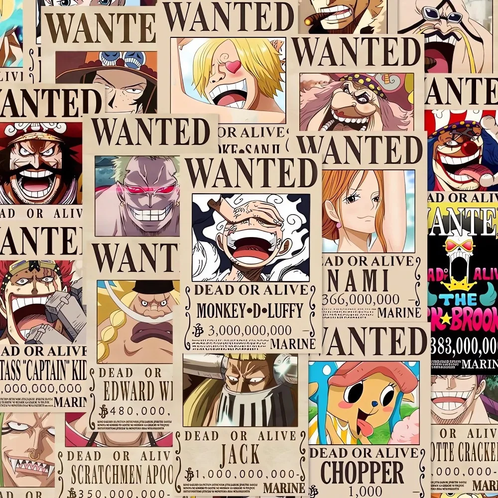 50PCS Anime One Piece Wanted Posters Stickers for Phone Laptop Guitar Car Wall Cool Graffiti Decals Sticker Toy Decor