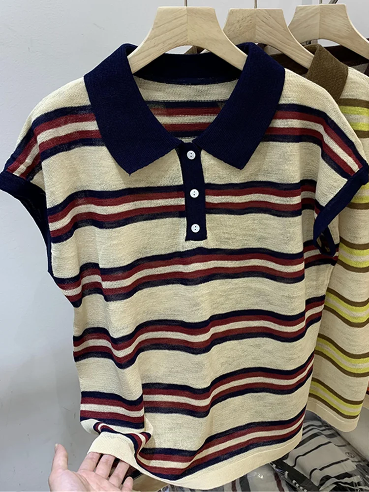 Rayas adelgazantes Color Blo ort Sve Ice Silk Thin Top Mujer Verano Ne Jersey No Sve Parte superior del cuerpo Faionable B...