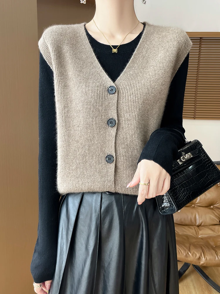 New Chic Women Wool Waistcoat 100% Merino Wool Sweater Autumn Winter Sleeveless Cardigan Office Lady Style Cashmere Knitwear Top