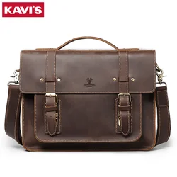 KAVIS-maletín de cuero para hombre, bolso de negocios tipo mensajero, Vintage, de hombro, para ordenador portátil, de viaje, novedad