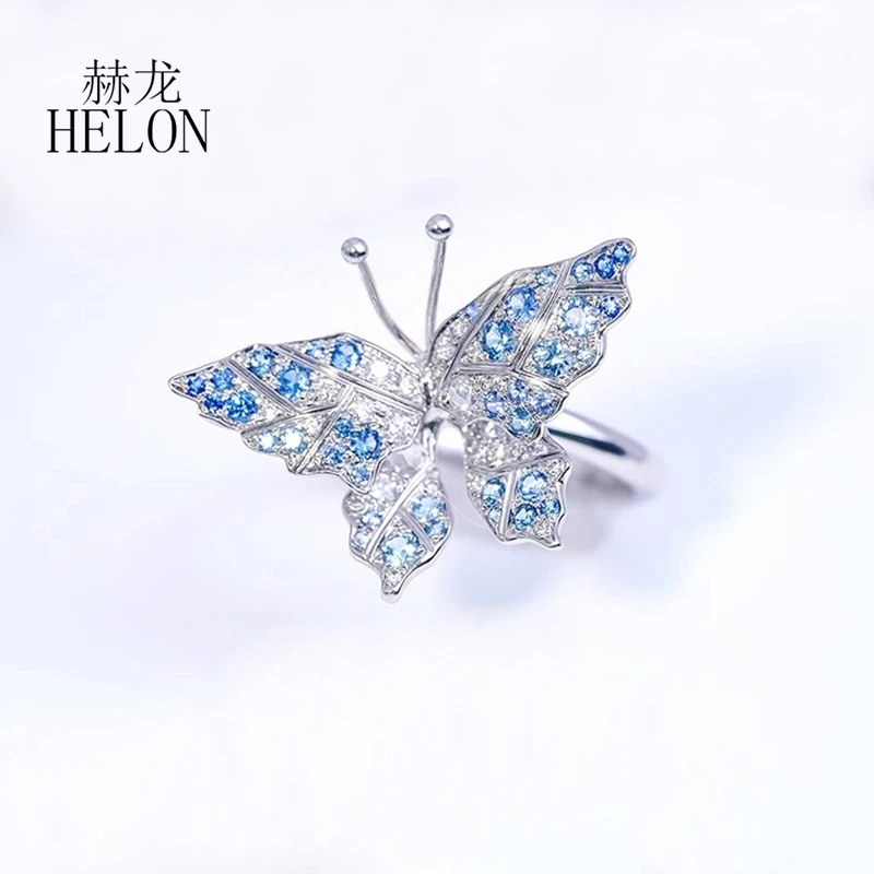 HELON Solid 14k White Gold 0.85ct Round Genuine Sapphire Diamonds Ring Women Exquisite Beautiful Gemstone Butterfly Ring Custom