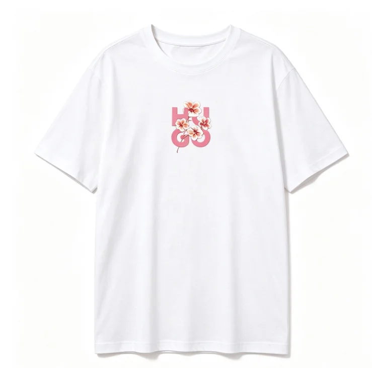 2026 new White crew neck short sleeve tee, pink letter with flower print, fresh sweet casual style, unisex loose fit